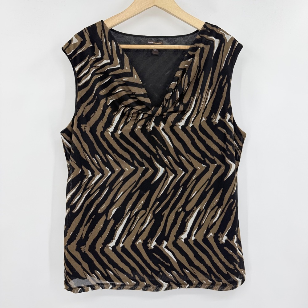 Dana Buchman Womens XL Animal Print Cowl Neck Sleeveless Mesh‎ Blouse Top Black